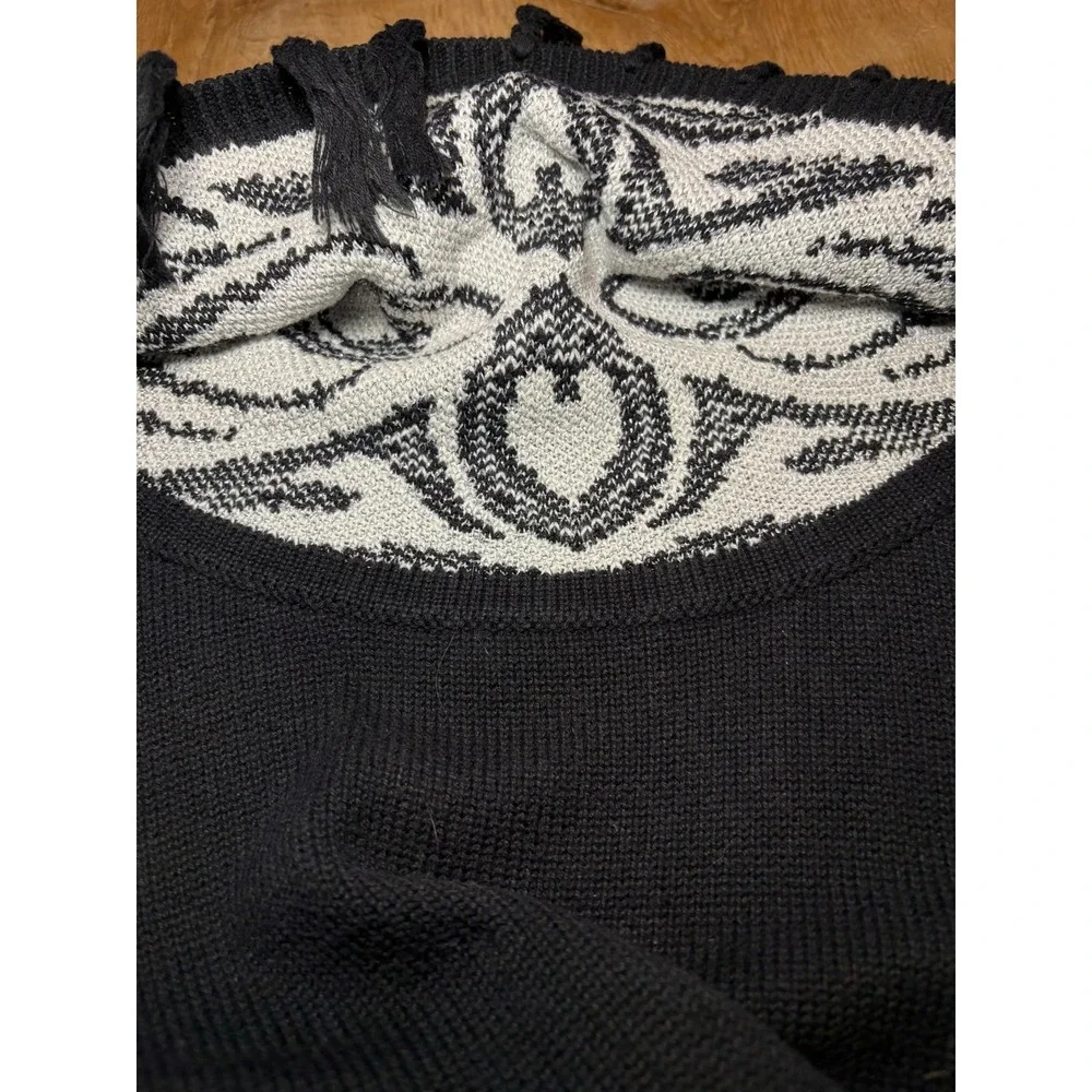 CJ Banks Sweater 2X Fringed Cowl Collar Black White‎ Silver Sparkle Metallic